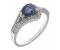 Deco curved pear shape blue sapphire and round diamond halo ring