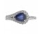 Deco curved pear shape blue sapphire and round diamond halo ring