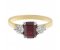 Olivia emerald cut ruby and round diamond trilogy ring