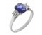 Rosaline emerald cut blue sapphire and round diamond trilogy ring