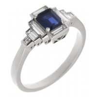 Art deco emerald cut blue sapphire and baguette diamond cluster ring