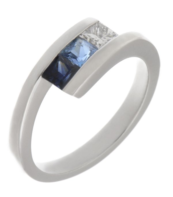 Modern princess cut diamond blue sapphire and aquamarine crossover trilogy ring