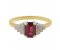 Deco step emerald cut ruby and round diamond ring