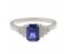 Deco step emerald cut blue sapphire and round diamond ring