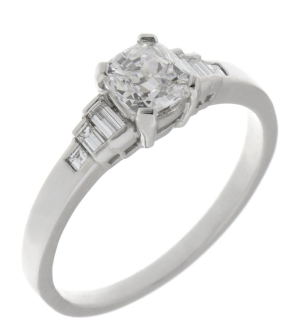 Art deco cushion cut and baguette diamond engagement ring