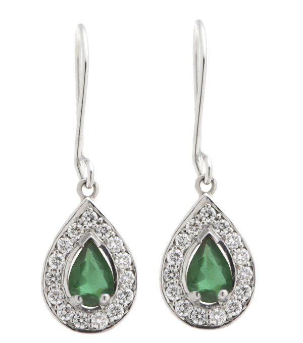 Art deco style pear shape emerald and round diamond halo earrings