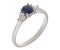 Classic round blue sapphire trilogy ring with pear shape diamond shoulders
