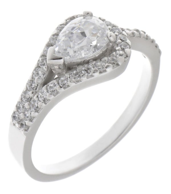 Deco curved pear shape and round brilliant cut diamond halo ring