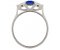 Rosaline emerald cut tanzanite and round diamond trilogy ring