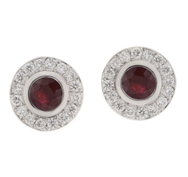 Classic round ruby and diamond halo earrings