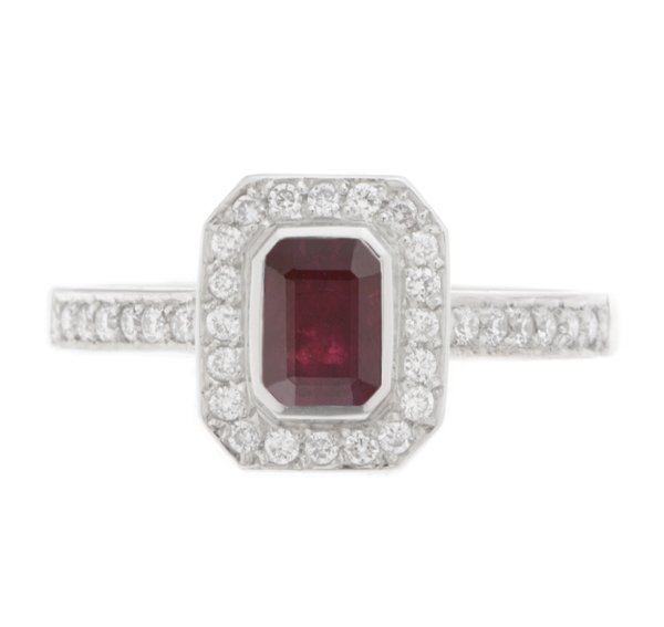 Classic rubover Emerald cut ruby and diamond halo cluster ring