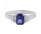 Art deco emerald cut blue sapphire and four baguette cut diamond ring top view