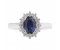 Crystal oval blue sapphire and diamond halo cluster ring top view