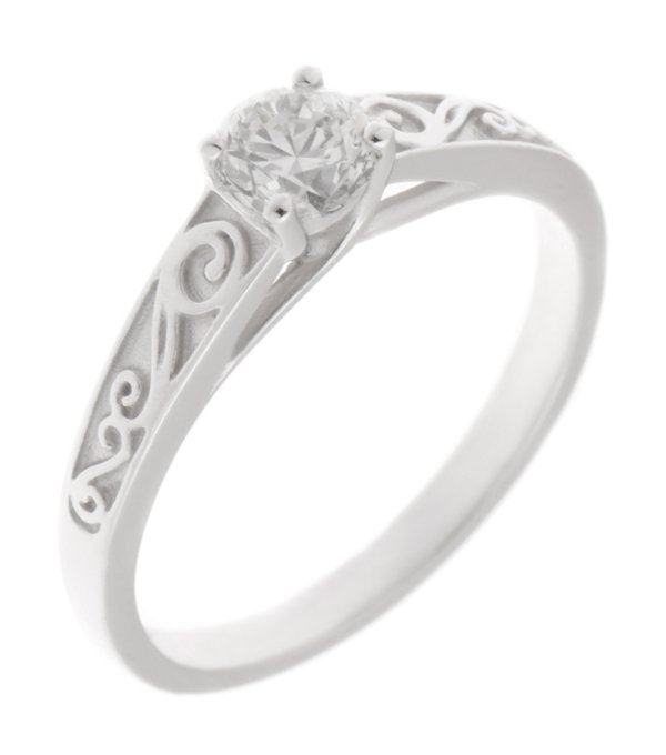 Solitaire round brilliant cut diamond engagement ring with scroll engraved band main