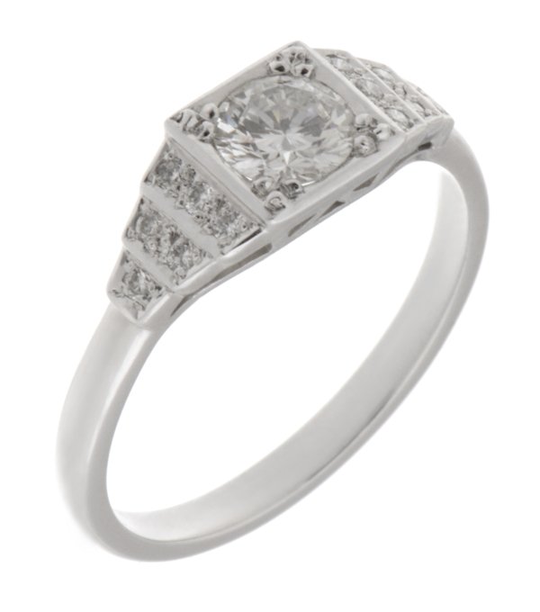 Chrysler art deco style round brilliant cut diamond engagement ring