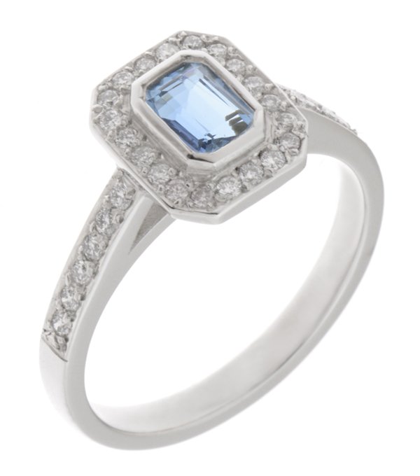 Classic rubover Emerald cut aquamarine and diamond halo cluster ring main