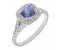 Cushion cut blue sapphire and round diamond halo ring with split shoulders