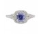 Cushion cut blue sapphire and round diamond halo ring with split shoulders