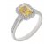 Classic claw set emerald cut yellow sapphire and round diamond halo cluster ring