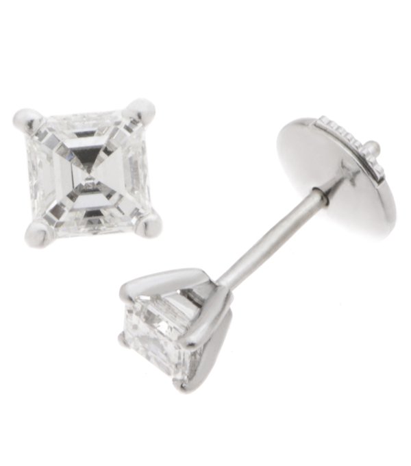 Classic four claw Asscher cut diamond earrings