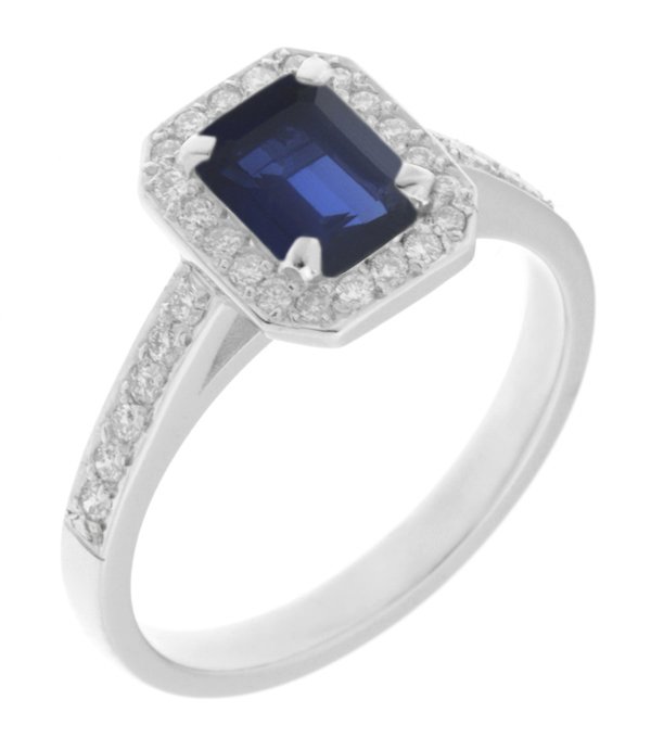 Classic claw set emerald cut blue sapphire and diamond halo cluster ring main image