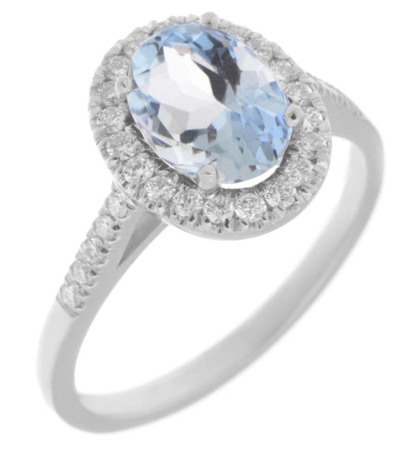 Classic claw set oval aquamarine with round diamond halo ring main image