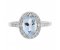 Classic claw set oval aquamarine with round diamond halo ring top view
