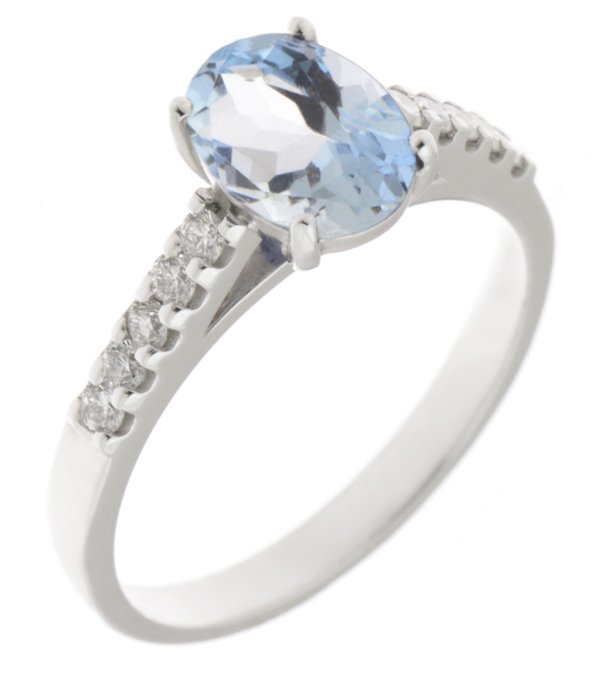 Bella classic oval aquamarine ring with round diamond set shoulders main image