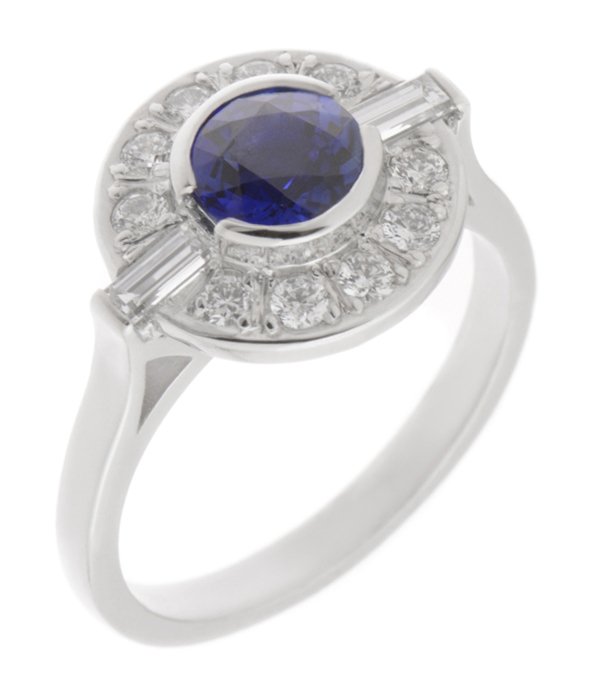 Clarice Art deco round blue sapphire and diamond halo cluster ring