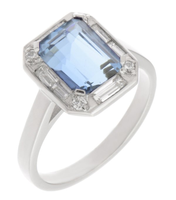 Law art deco claw set emerald cut aquamarine and diamond halo cluster ring main image