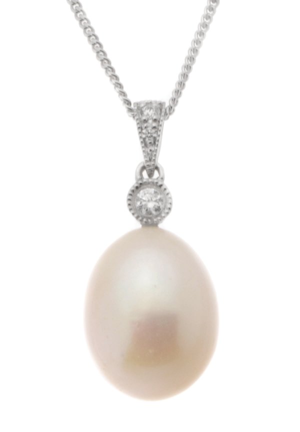 Oval white cultured river pearl and diamond pendant main image