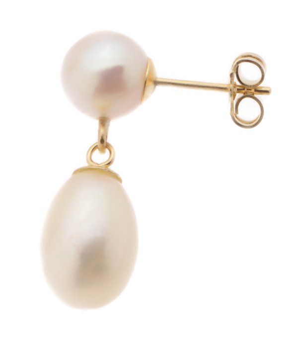 Teardrop and round shape white cultured river pearl drop style earrings