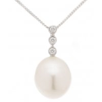 Oval white cultured river pearl and diamond trilogy pendant