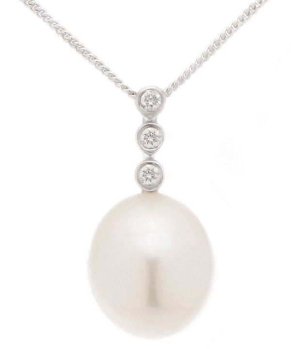 Oval white cultured river pearl and diamond trilogy pendant main image