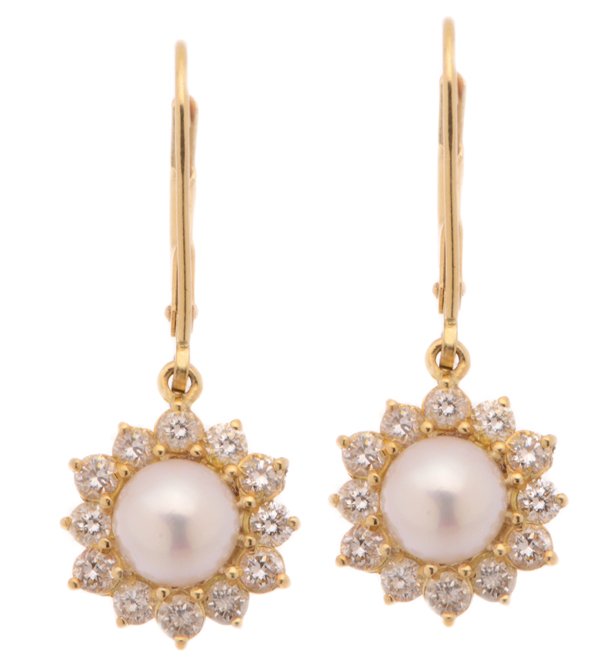 Classic round white pearl and diamond drop style cluster earrings main image