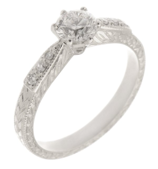 Vintage style six claw round brilliant cut diamond solitaire engagement ring with engraved and diamond set shoulders main image