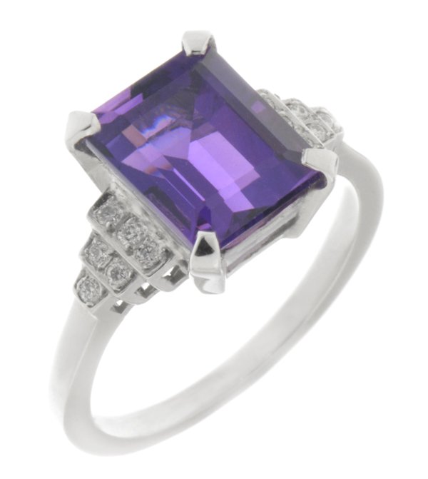 Deco step emerald cut amethyst and round cut diamond ring main image