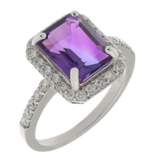 Classic emerald cut octagon Amethyst and round diamond halo cluster ring main image
