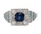 Art Deco style round blue sapphire and blue and white diamond cluster ring top view