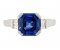 Art Deco style Asscher cut blue sapphire and trapeze cut Diamond ring top view