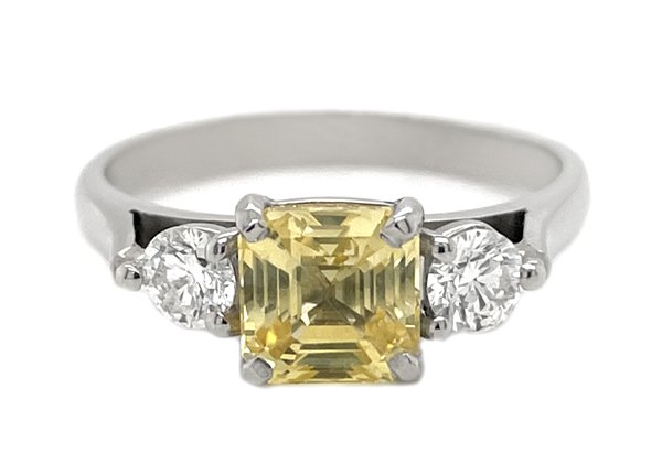 Olivia square emerald cut yellow sapphire and round diamond trilogy ring main image
