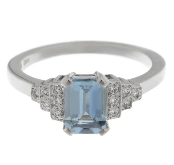 Deco step emerald cut aquamarine and round diamond cluster ring