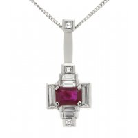 Art deco emerald cut ruby and baguette diamond pendant