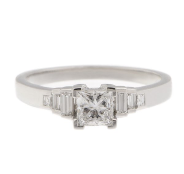 classic art deco style ring princess cut diamond stone stepped graduated baguette cut diamonds shoulders platinum gold