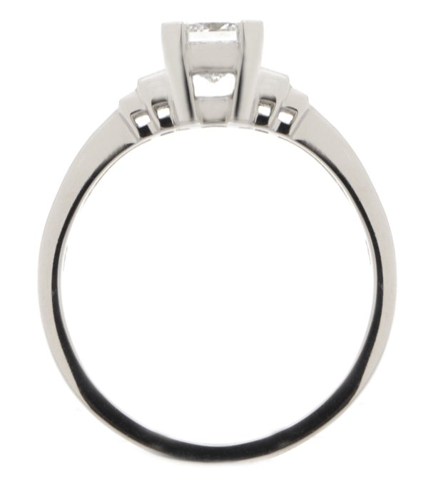 classic art deco style ring princess cut diamond stone stepped graduated baguette cut diamonds shoulders platinum gold