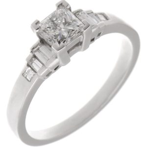 classic art deco style ring princess cut diamond stone stepped graduated baguette cut diamonds shoulders platinum gold