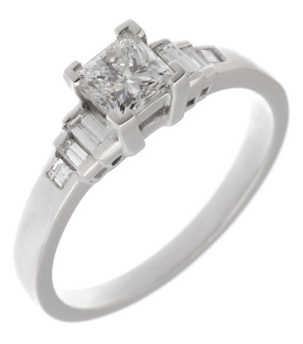 classic art deco style ring princess cut diamond stone stepped graduated baguette cut diamonds shoulders platinum gold