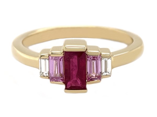 Art deco style five stone cluster ring baguette cut ruby pink sapphire bar diamonds platinum gold