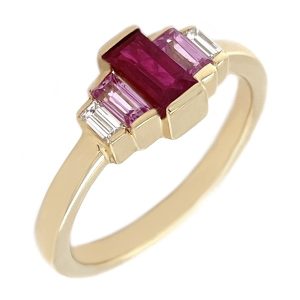 Art deco style five stone cluster ring baguette cut ruby pink sapphire bar diamonds platinum gold
