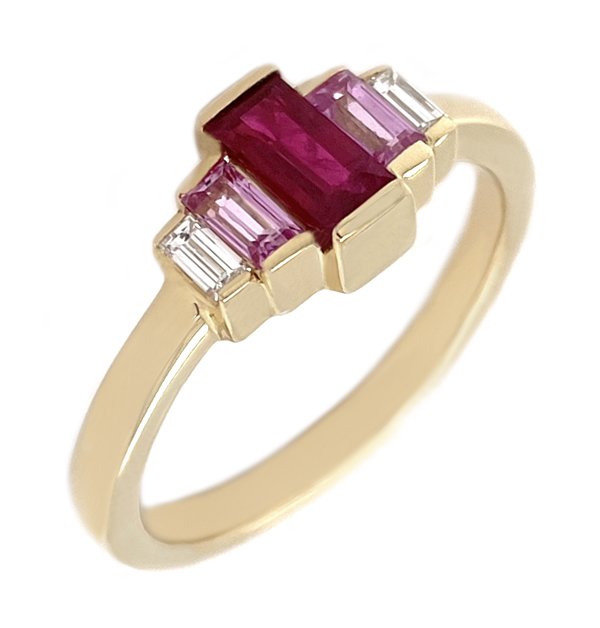 Art deco style five stone cluster ring baguette cut ruby pink sapphire bar diamonds platinum gold
